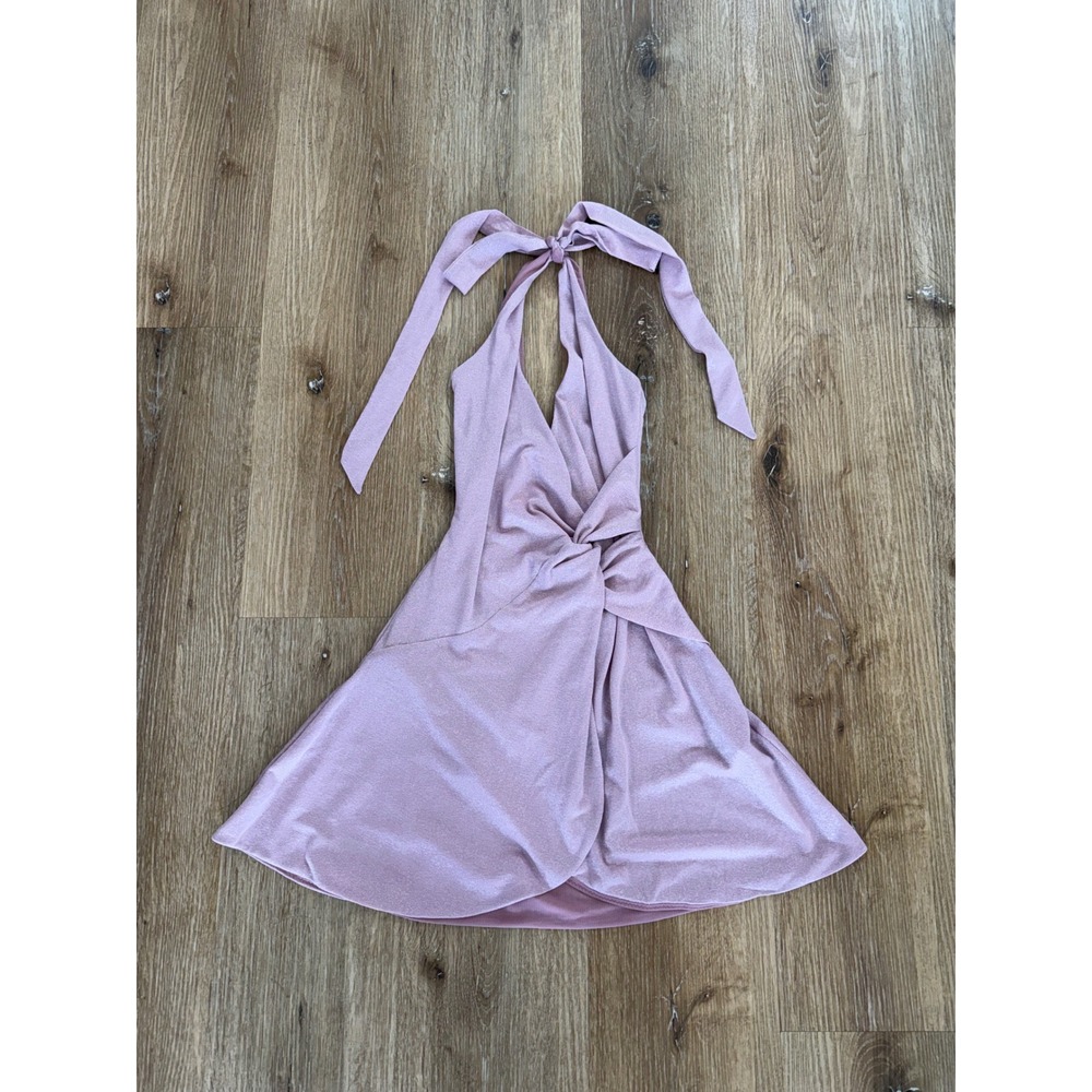 White Fox Here For Love Mini Dress Women XXS Lilac Metallic Shimmer Halter Twist
